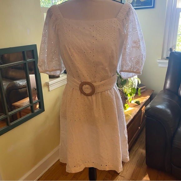 Loft White Eyelet Belted Square Neck Puffy Sleeve Mini Dress - 6 - Picture 4 of 16